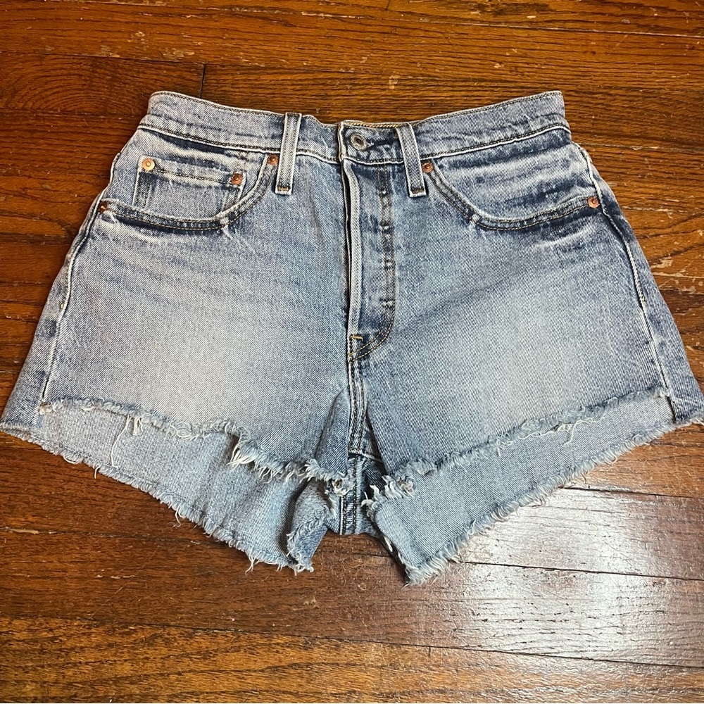 Levi's Blue Frayed Hem Button Fly Jean Shorts